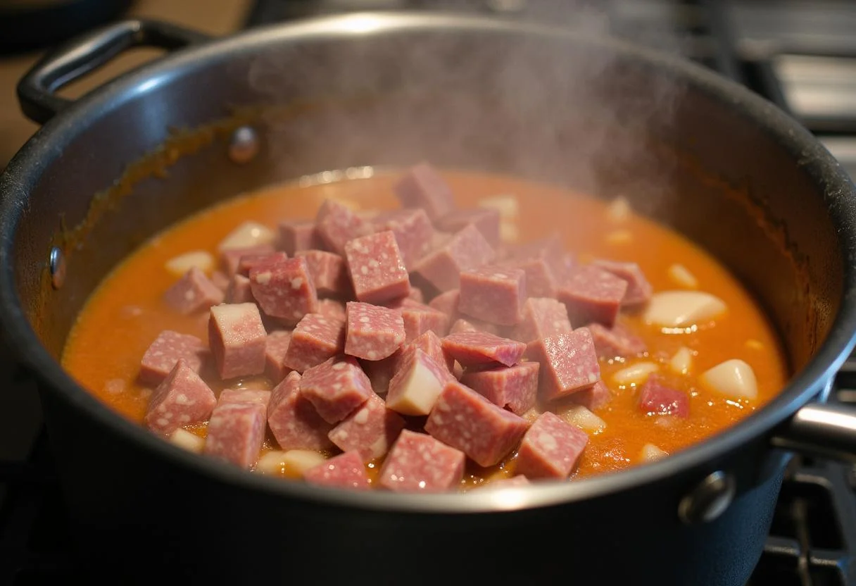 Carnes sendo adicionadas à panela para a feijoada com bola de feijão.