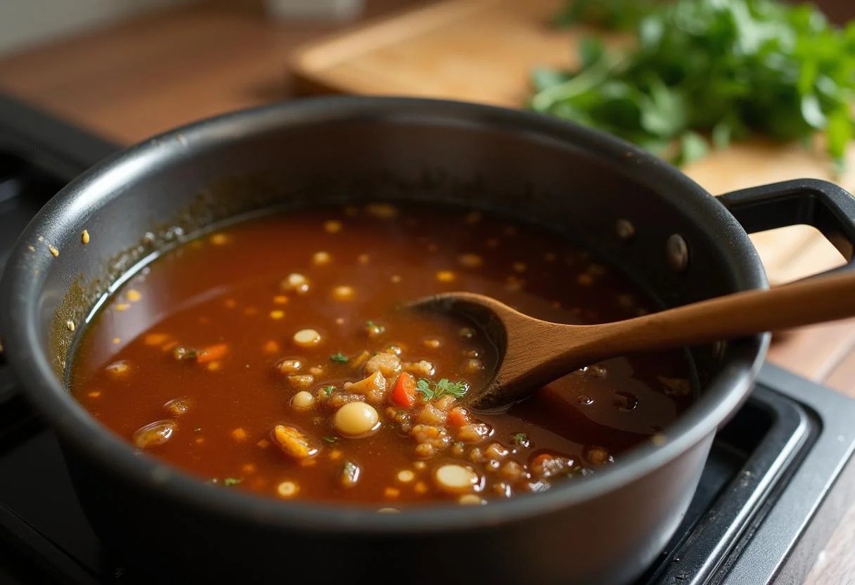 Mistura da feijoada sendo mexida na panela com caldo espesso e ervas frescas ao fundo.