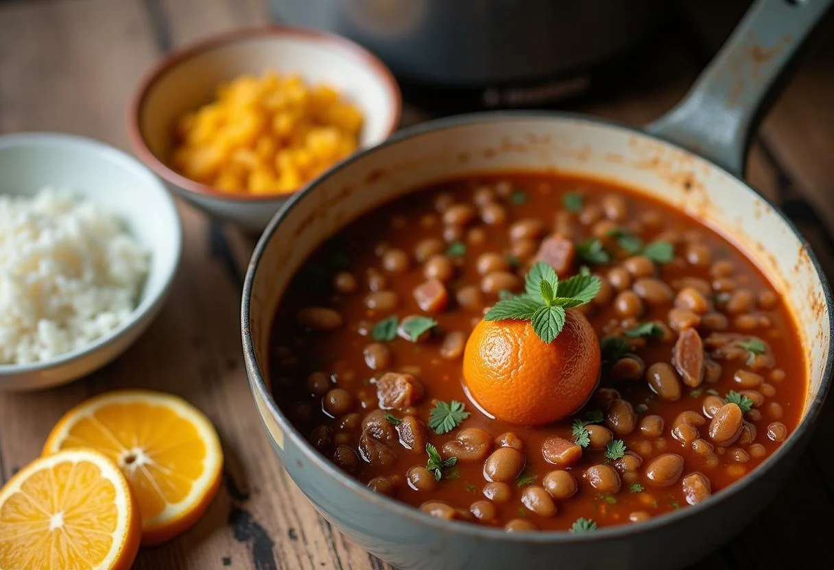 Bola de feijão pronta ao lado da feijoada e acompanhamentos como arroz e laranja.