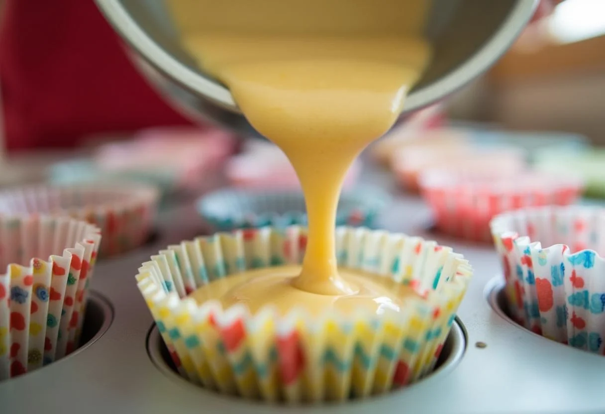 Despejando a massa nas formas para os cupcakes de decoração de flor copo de leite rua jardim.
