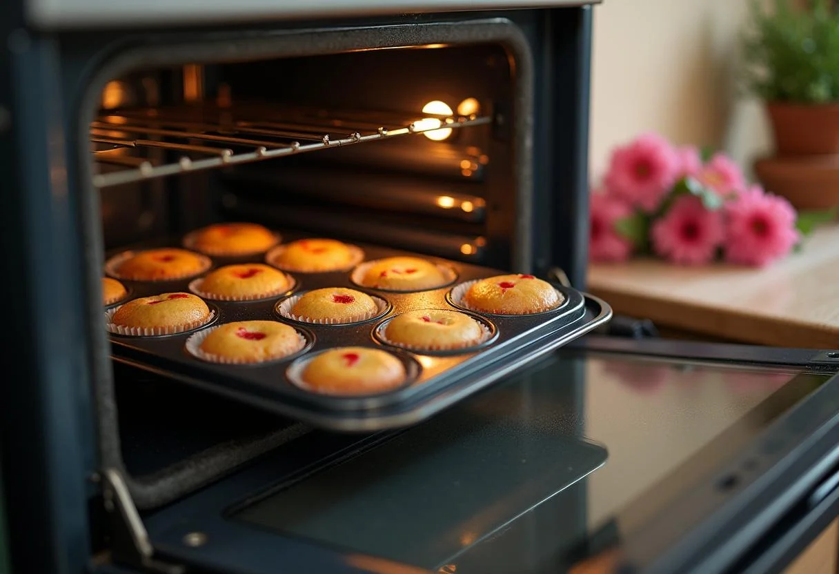 Ajustando o timer para assar os cupcakes de flor copo de leite rua jardim no forno.