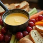 Mesa de fondue de queijo emmental pronta com queijo derretido e acompanhamentos coloridos.