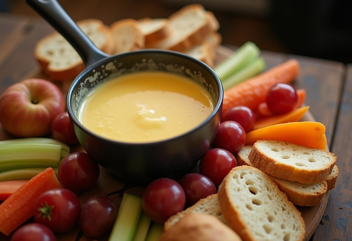 Mesa de fondue de queijo emmental pronta com queijo derretido e acompanhamentos coloridos.