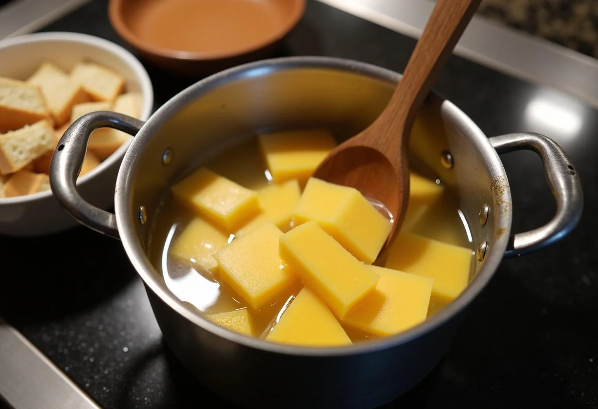 Preparando queijo emmental e vinho branco para o fondue de queijo emmental.