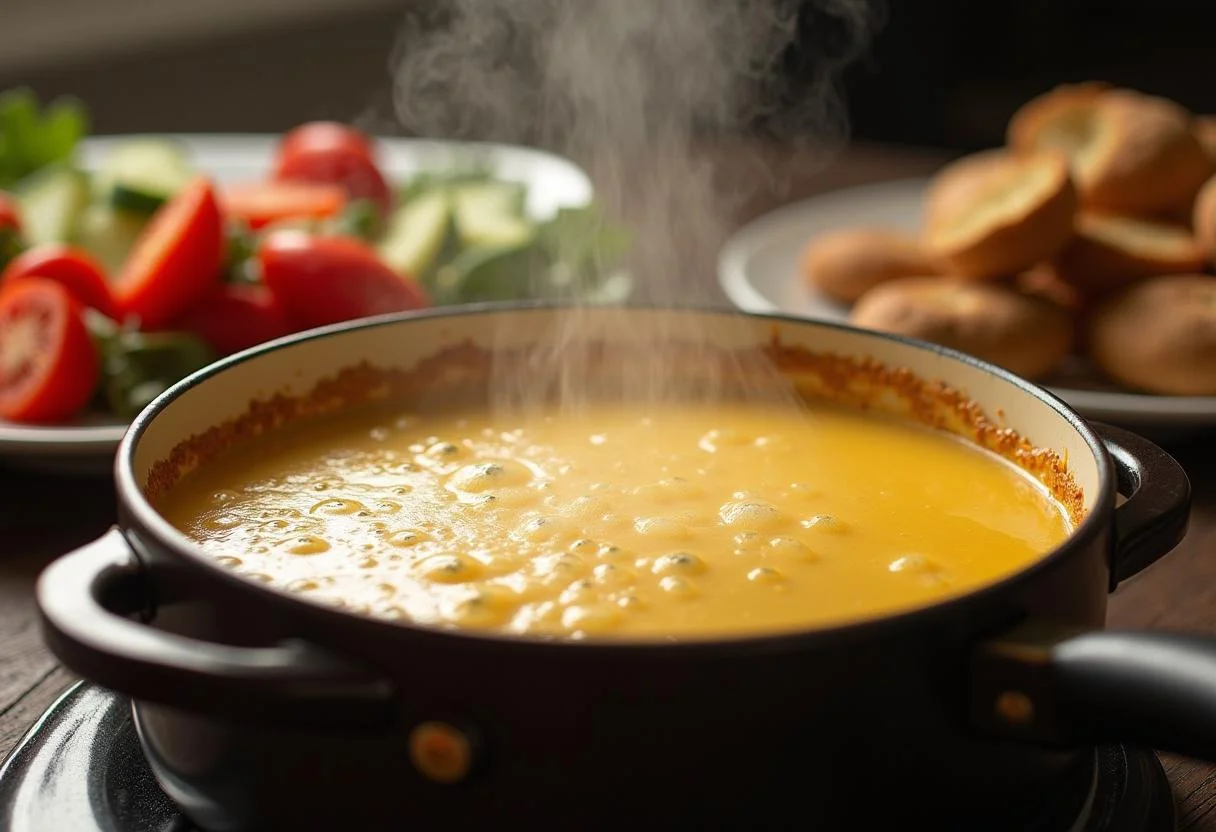 Queijo emmental derretendo no pote para a receita de fondue de queijo emmental.