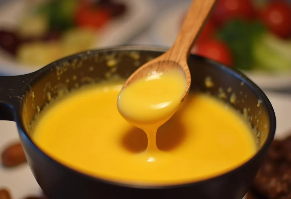 Mexendo o queijo emental derretido para o fondue de queijo emmental.