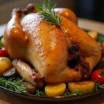 Frango assado inteiro dourado em um prato, com legumes assados, pronto para servir.
