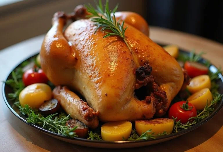 Frango assado inteiro dourado em um prato, com legumes assados, pronto para servir.