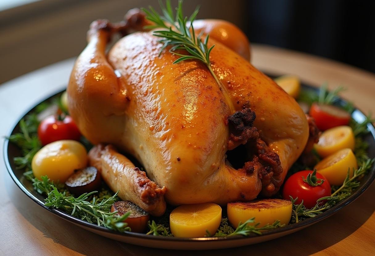 Frango assado inteiro dourado em um prato, com legumes assados, pronto para servir.