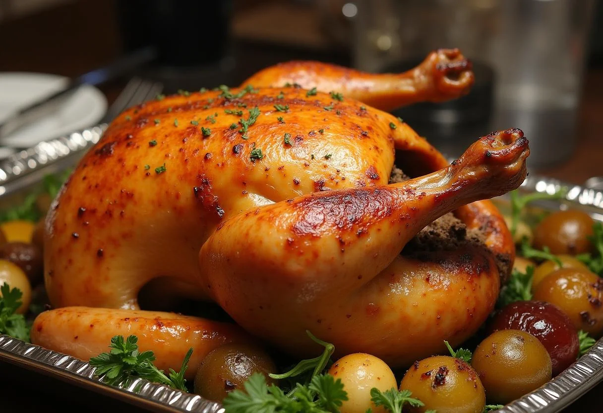 Frango assado inteiro dourado em um prato, com legumes assados, pronto para servir.