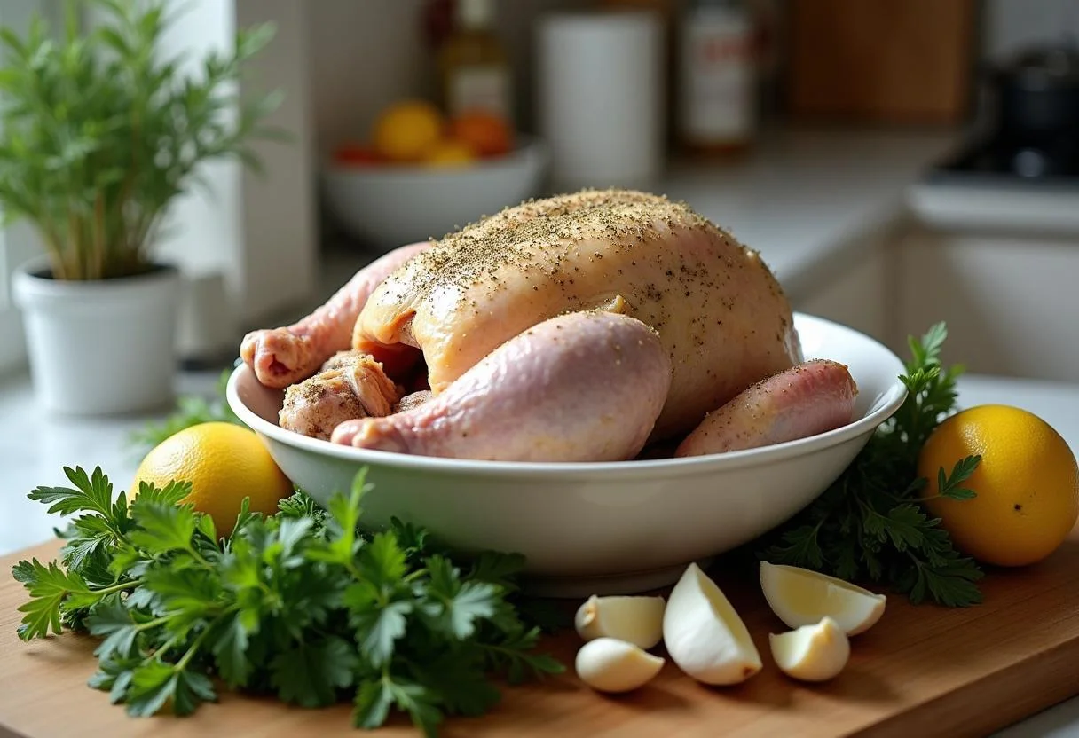 Frango inteiro em uma tigela com ervas frescas, alho e limão para temperar.