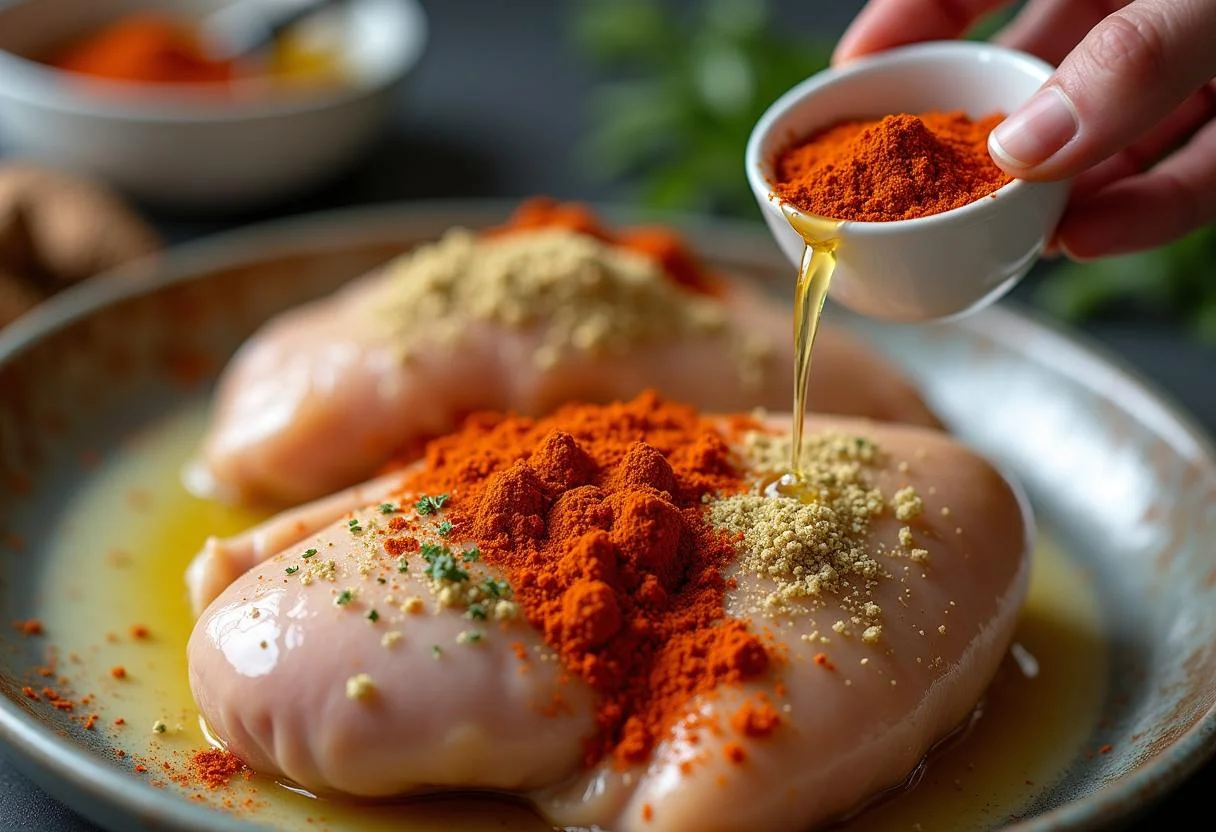 Espécies e azeite de oliva sendo adicionados ao frango inteiro para temperar.
