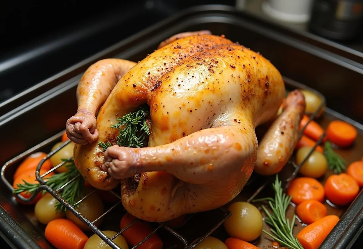 Frango temperado colocando em uma assadeira com legumes ao redor.