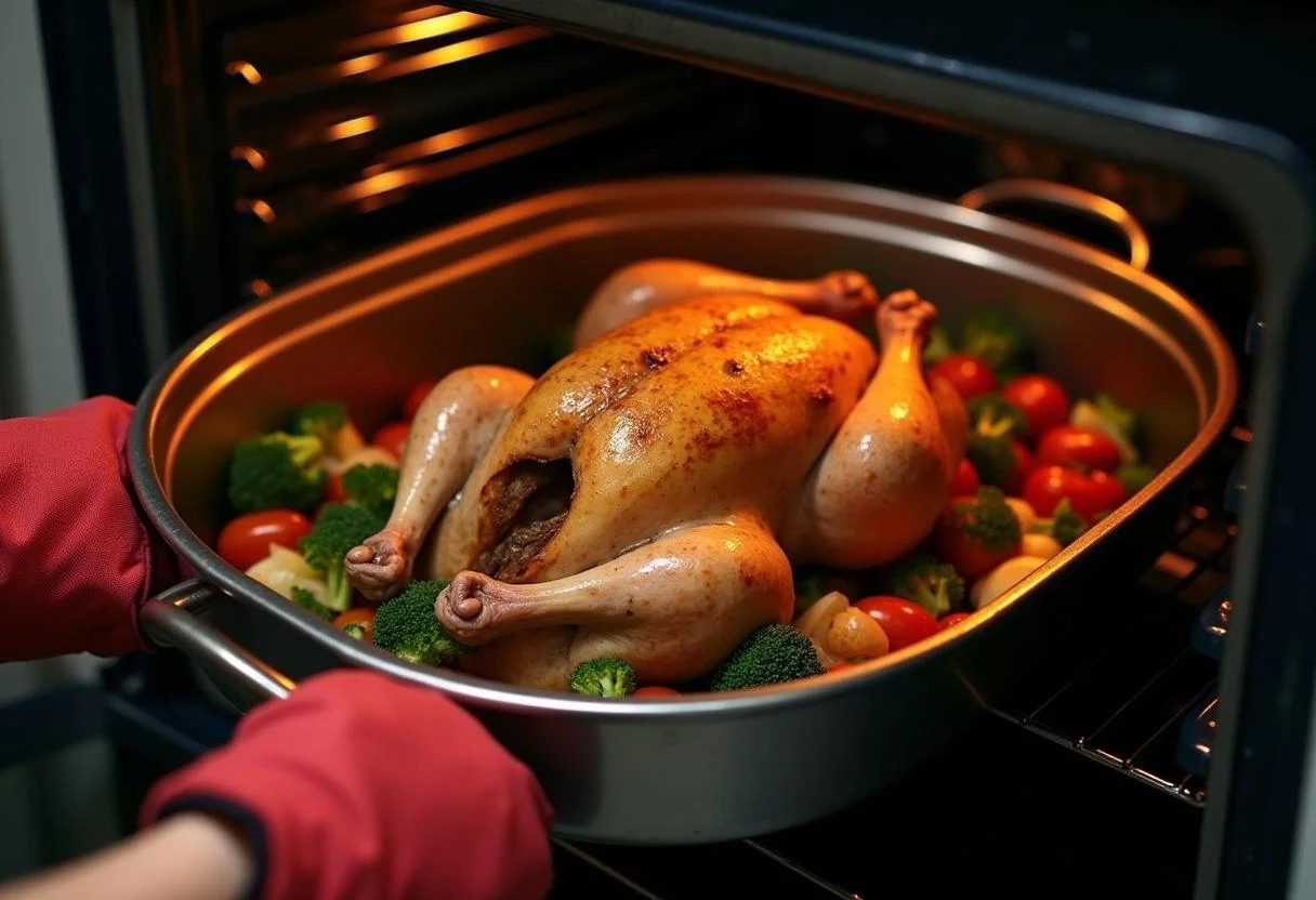 Assadeira com frango assado sendo colocada no forno para cozinhar.