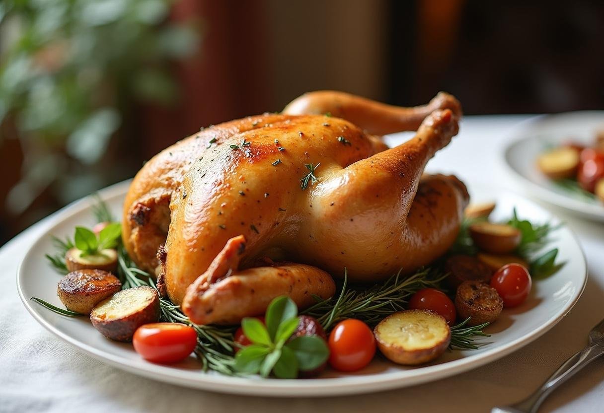 Frango assado pronto para servir, acompanhado de vegetais assados, uma delícia NCM.