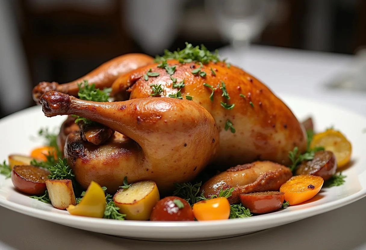 Frango assado pronto para servir, acompanhado de vegetais assados, uma delícia NCM.
