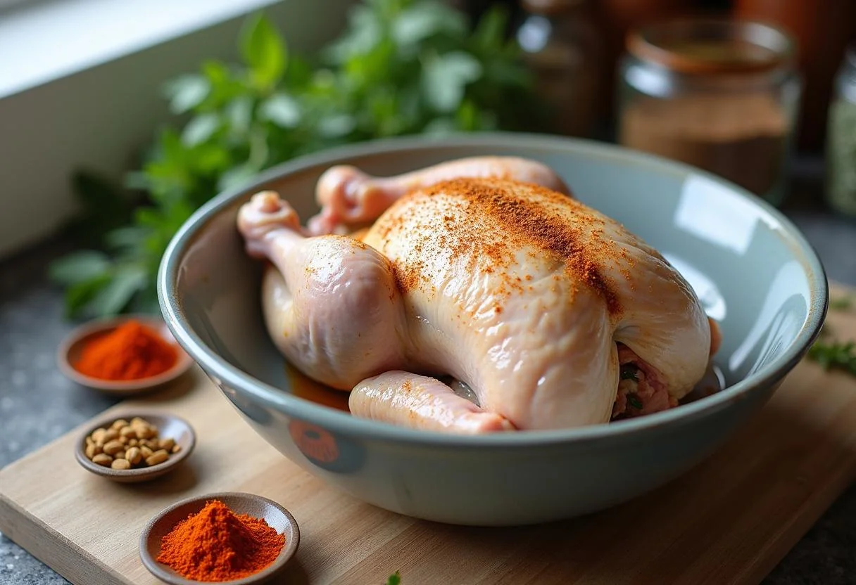 Frango inteiro na tigela com temperos para o frango assado, receita NCM.