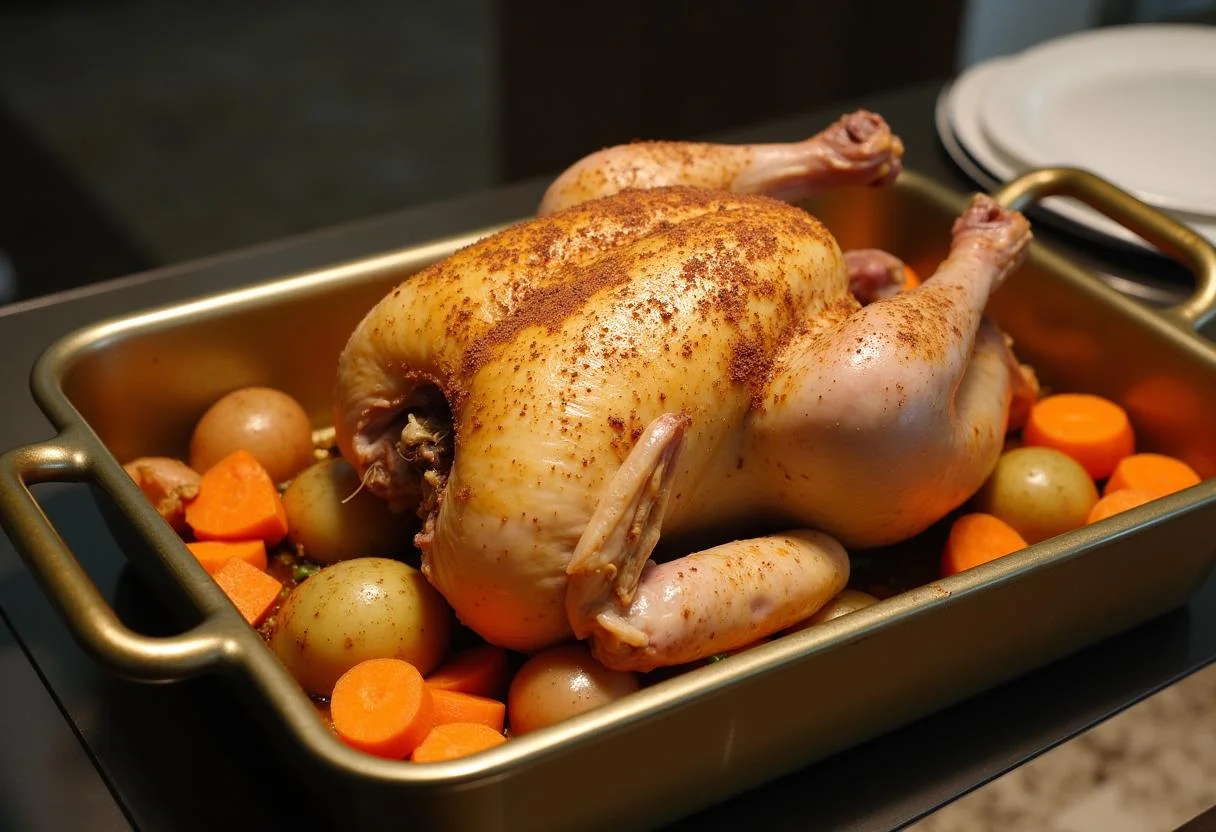 Frango temperado colocado na assadeira com vegetais, para o frango assado NCM.