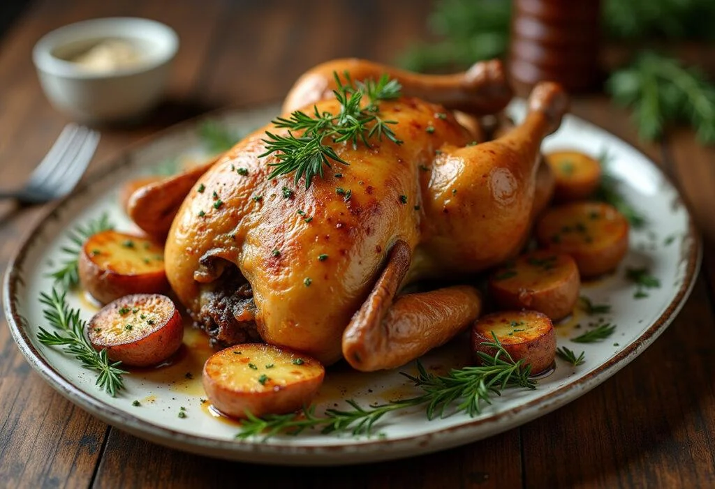 Prato de frango assado com batatas douradas, ideal para um delicioso jantar.