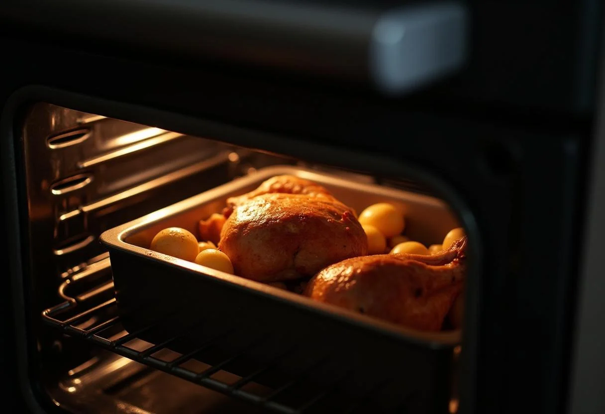 Frango assado e batatas raquete saindo do forno, mostrando o resultado do preparo.