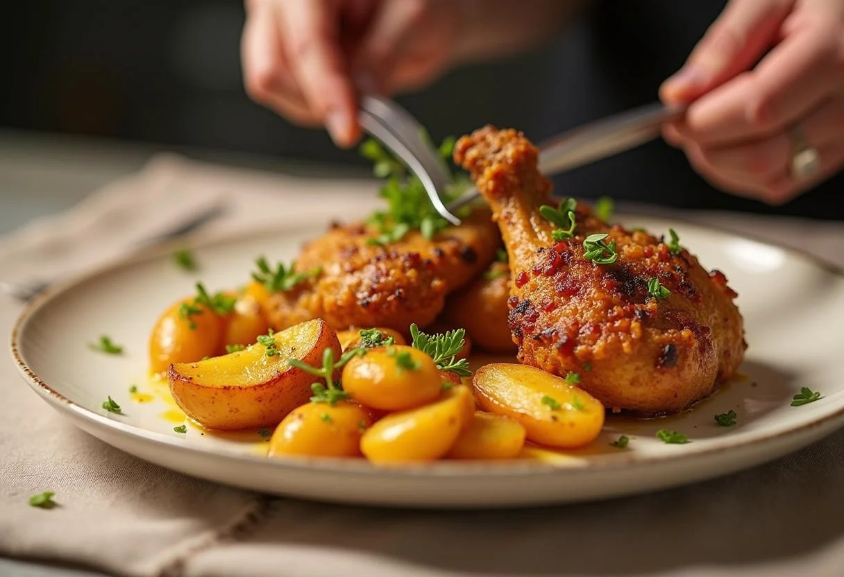 Prato de frango assado com batatas raquete, pronto para servir.
