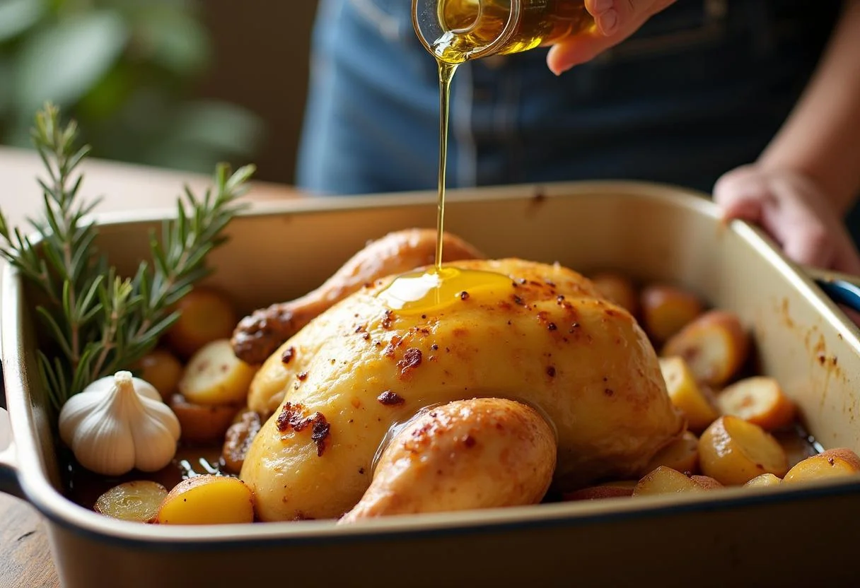 Azeite sendo adicionado aos pedaços de frango e batatas para a receita de frango assado com batatas.