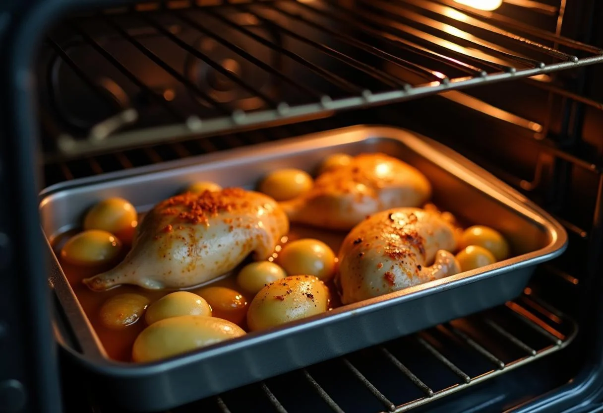 Assadeira de frango assado com batatas sendo colocada no forno.