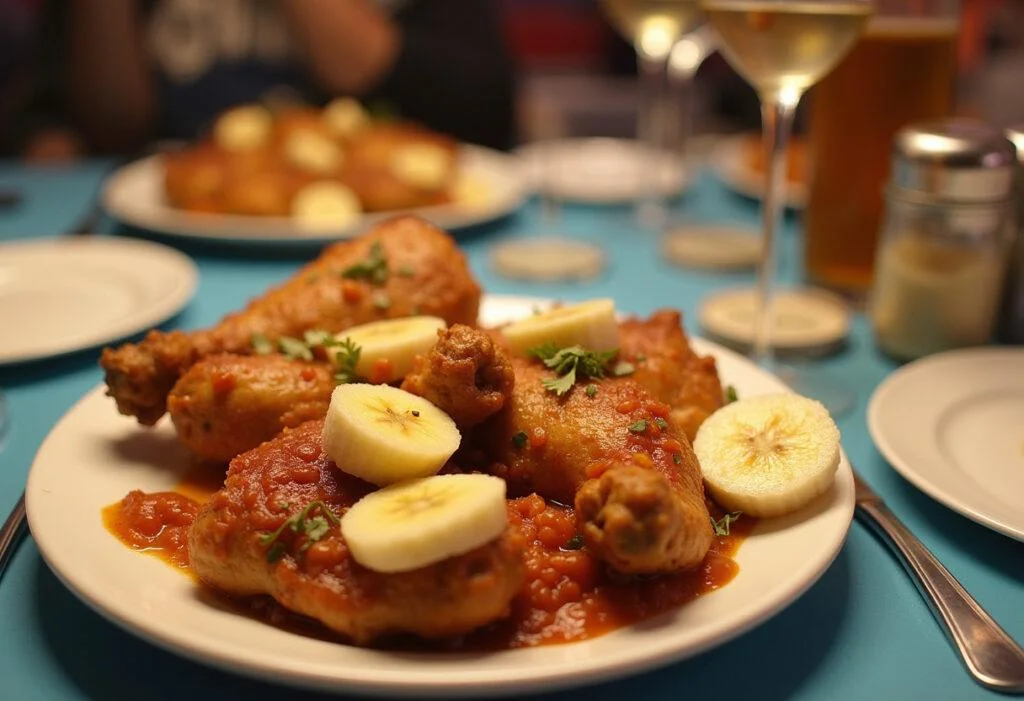 Frango à cubana empanado com banana, servido em uma mesa, ideal para um jantar em família.