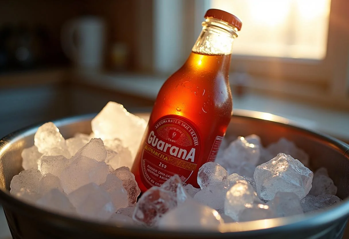 Garrafa de Guaraná Antarctica Zero em um balde de gelo, refrescante para dias quentes.