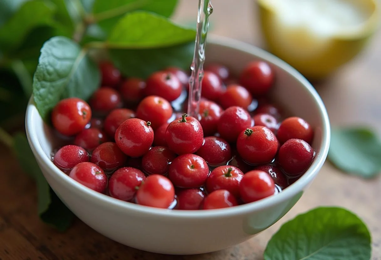 Frutas frescas de guaraná cruzeiro sendo lavadas para o preparo da bebida tradicional.