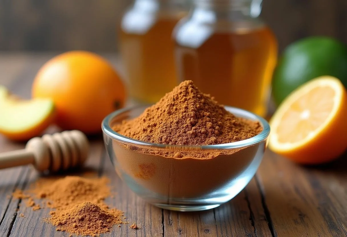 Guarana em pó em uma tigela de vidro, usada como estimulante natural.