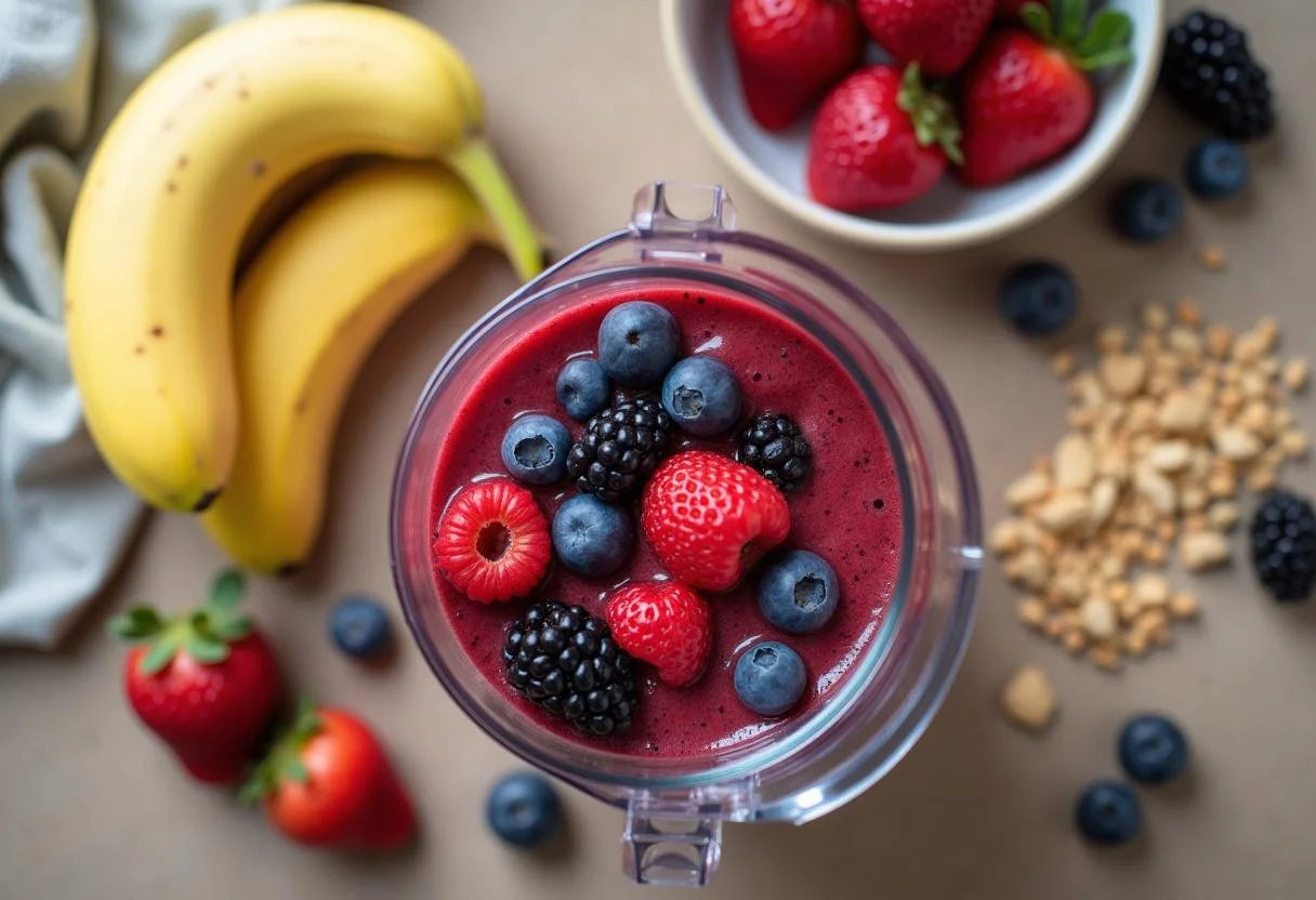 Frutas frescas sendo preparadas com guarana em pó para um batido energético.