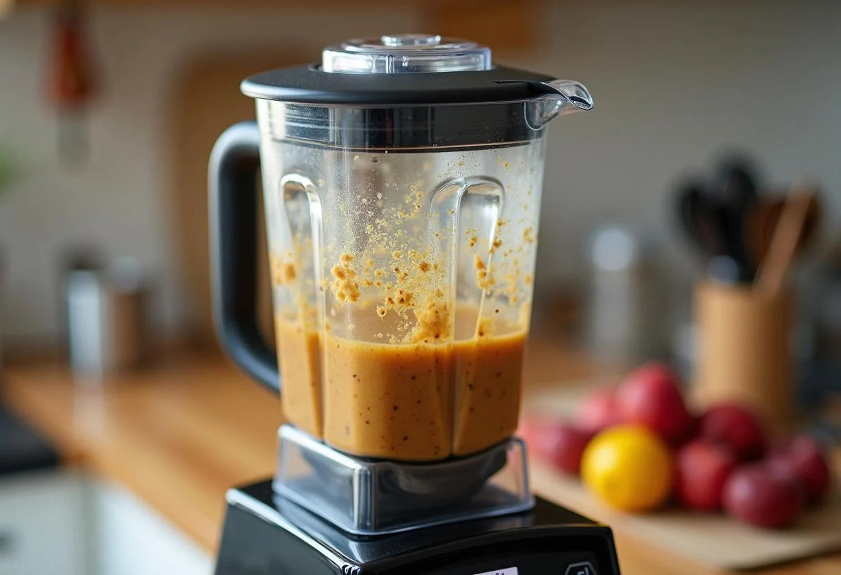 Mistura de guarana e frutas em um liquidificador pronto para ser batido.