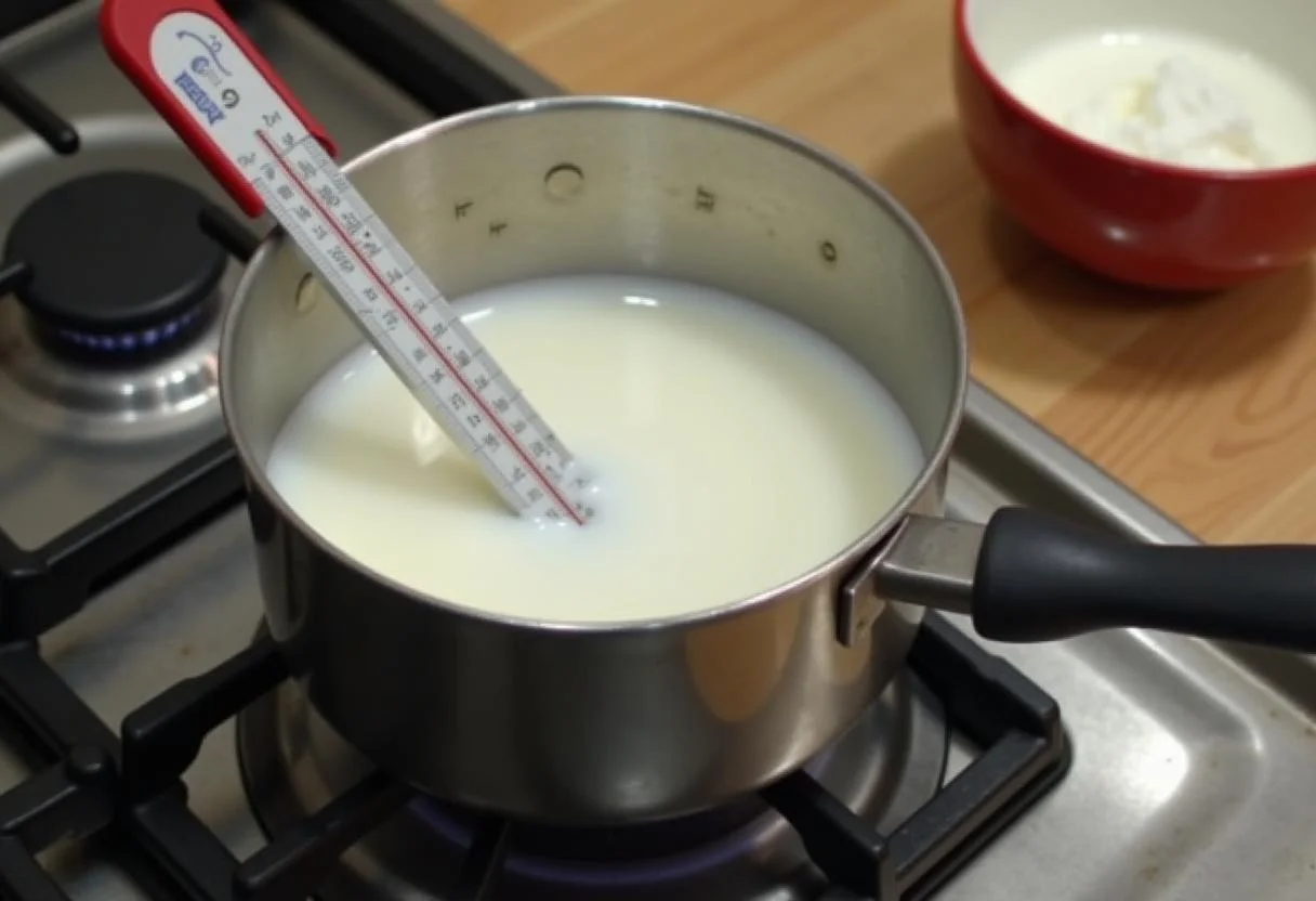 Aquecendo leite para preparar iogurte Activia caseiro em uma panela.