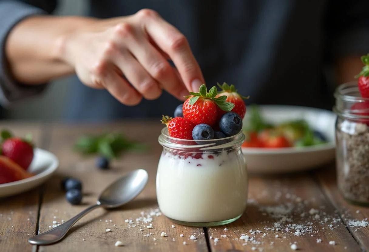 Pote de iogurte Activia caseiro decorado com frutas frescas em uma mesa rústica.