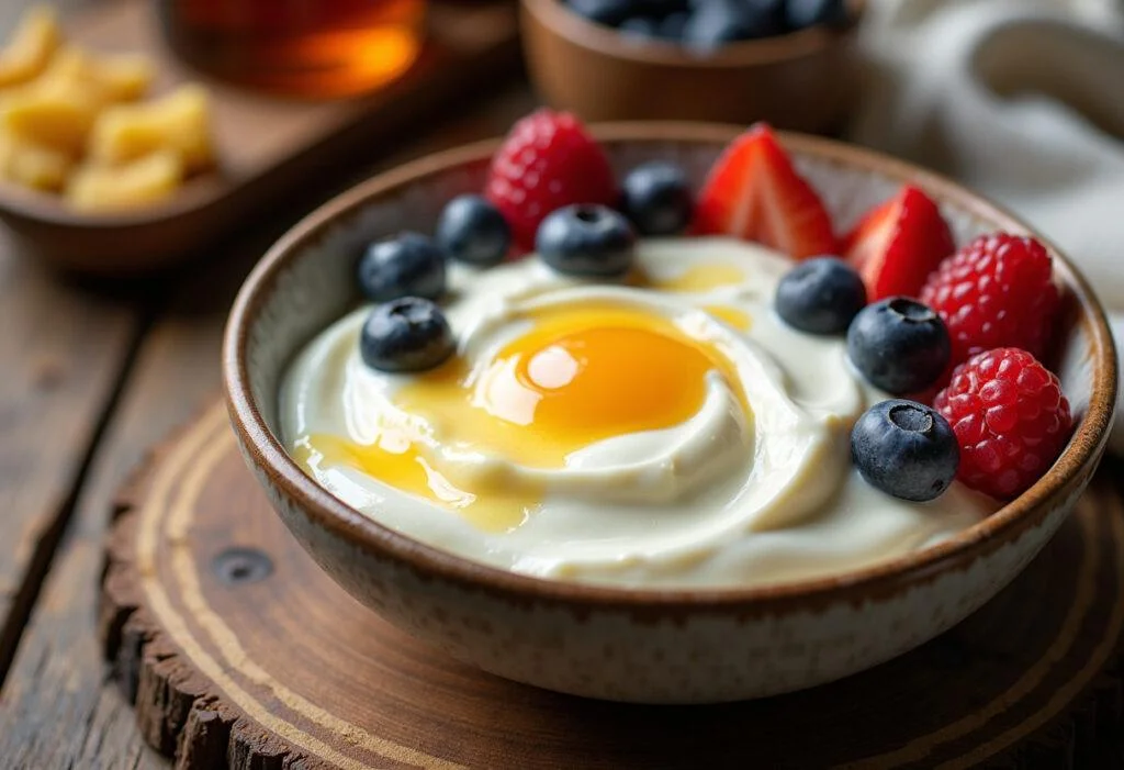 Iogurte corpus caseiro servido com frutas frescas e mel, perfeito para um lanche saudável.