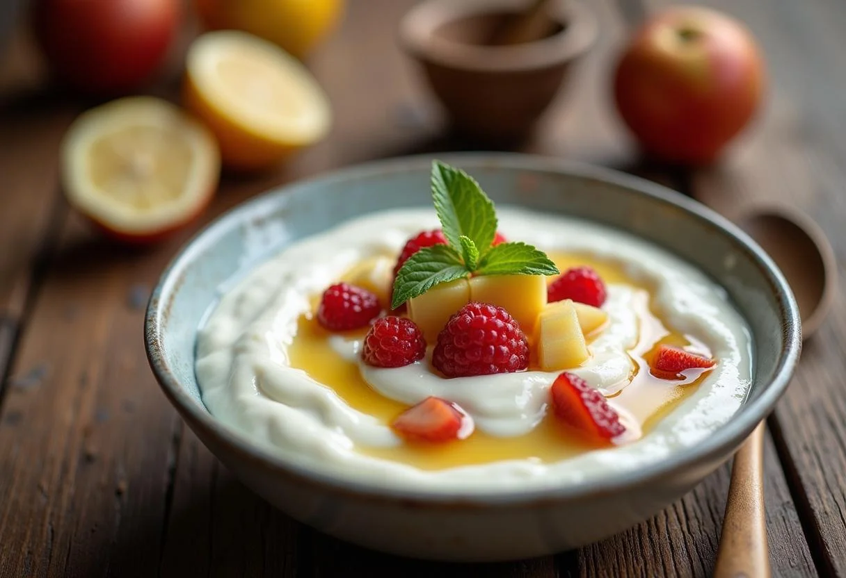 Iogurte corpus caseiro servido com frutas frescas e mel, perfeito para um lanche saudável.
