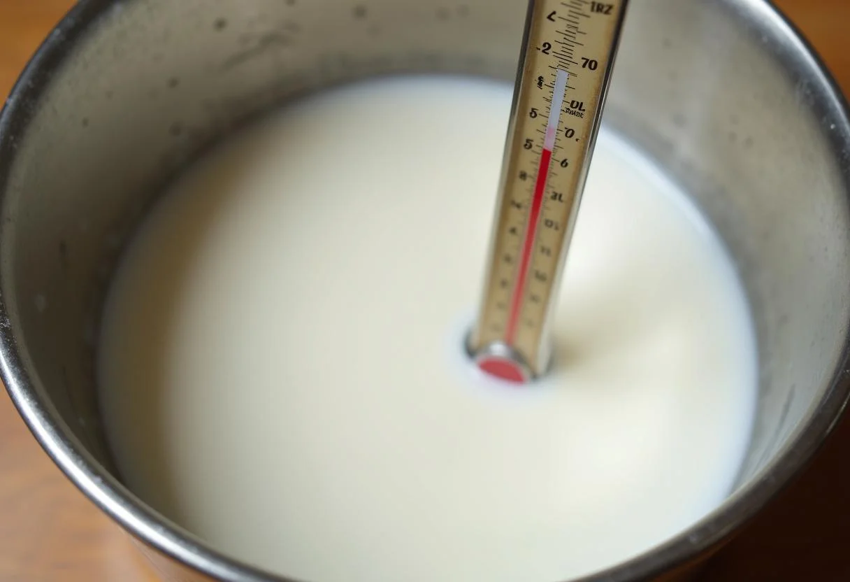 Mistura de leite sendo aquecida para a receita do iogurte corpus caseiro.