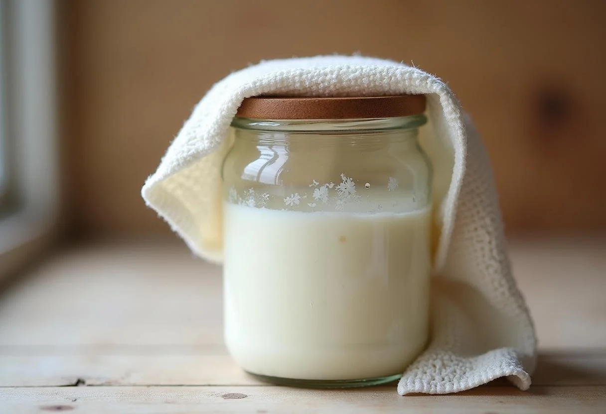 Frasco de vidro com mistura de iogurte sendo coberto para fermentação na receita de iogurte corpus.