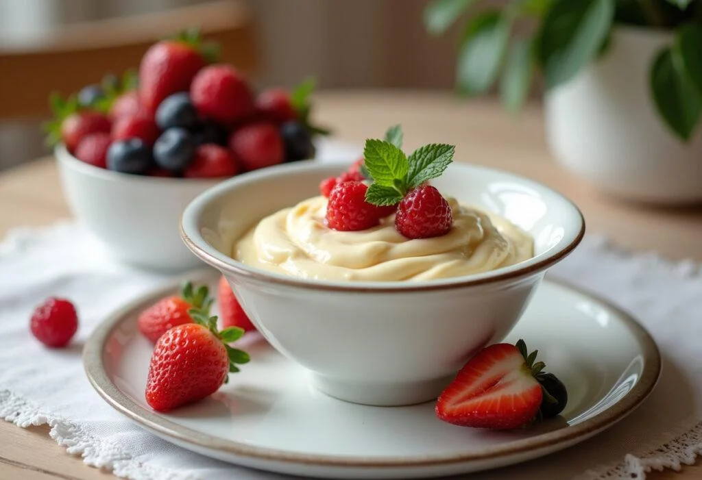 Iogurte desnatado Nestlé finalizado com frutas e decorado, perfeito para uma refeição saudável.