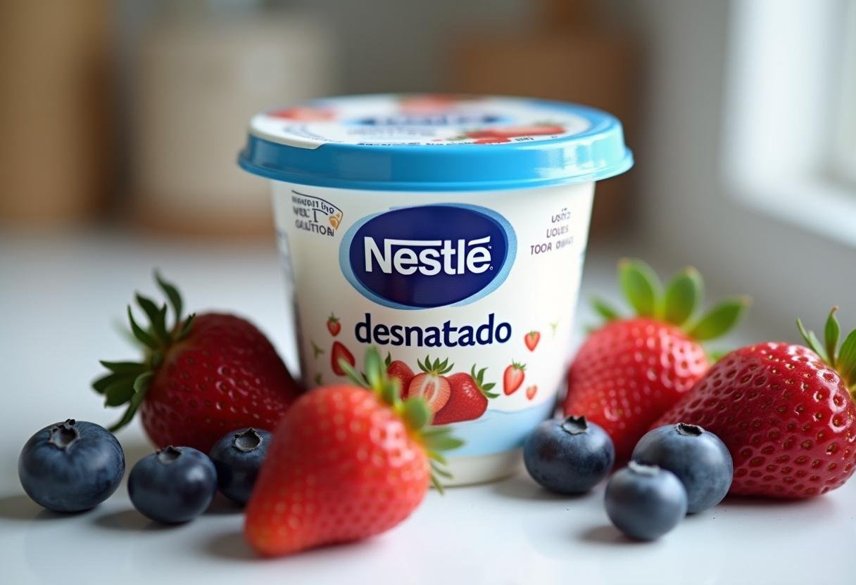 Iogurte desnatado Nestlé em destaque com frutas frescas ao redor, ideal para receitas saudáveis.