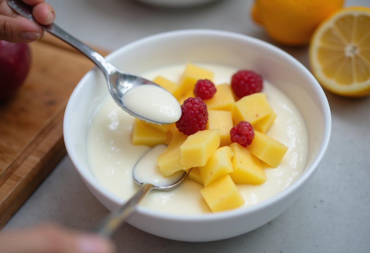 Frutas sendo preparadas para adicionar ao iogurte desnatado Nestlé, criando uma deliciosa mistura.
