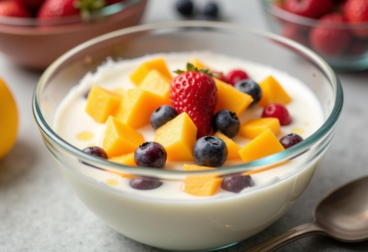 Mistura de iogurte desnatado Nestlé com frutas frescas em uma tigela de vidro.