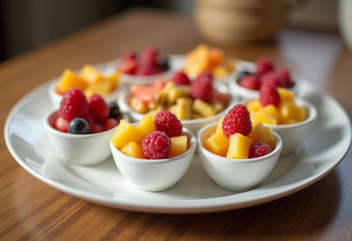 Porções de iogurte desnatado Nestlé com frutas frescas, prontas para servir.