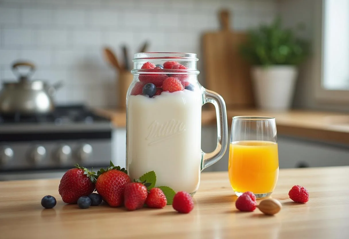 Blender with Molico iogurte, fruits, and honey for a healthy mix.