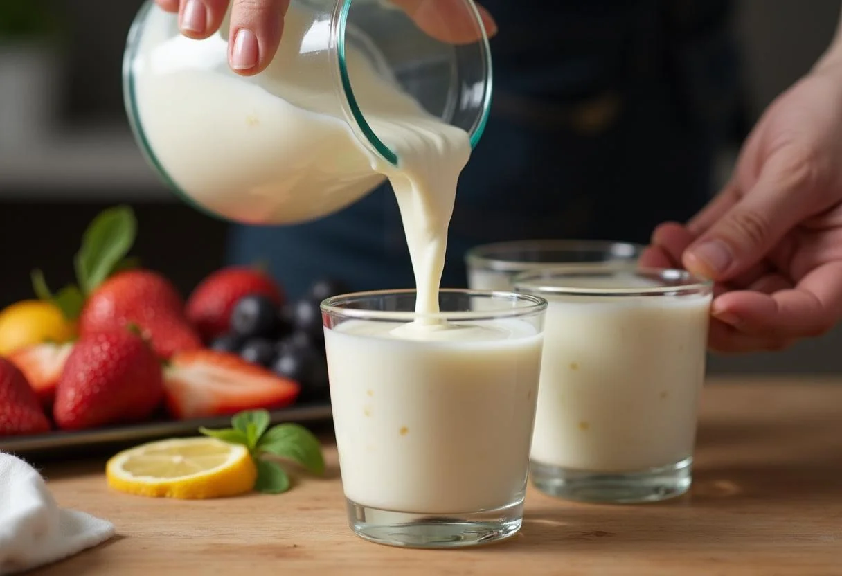 Pouring Molico iogurte mixture into cups for serving.