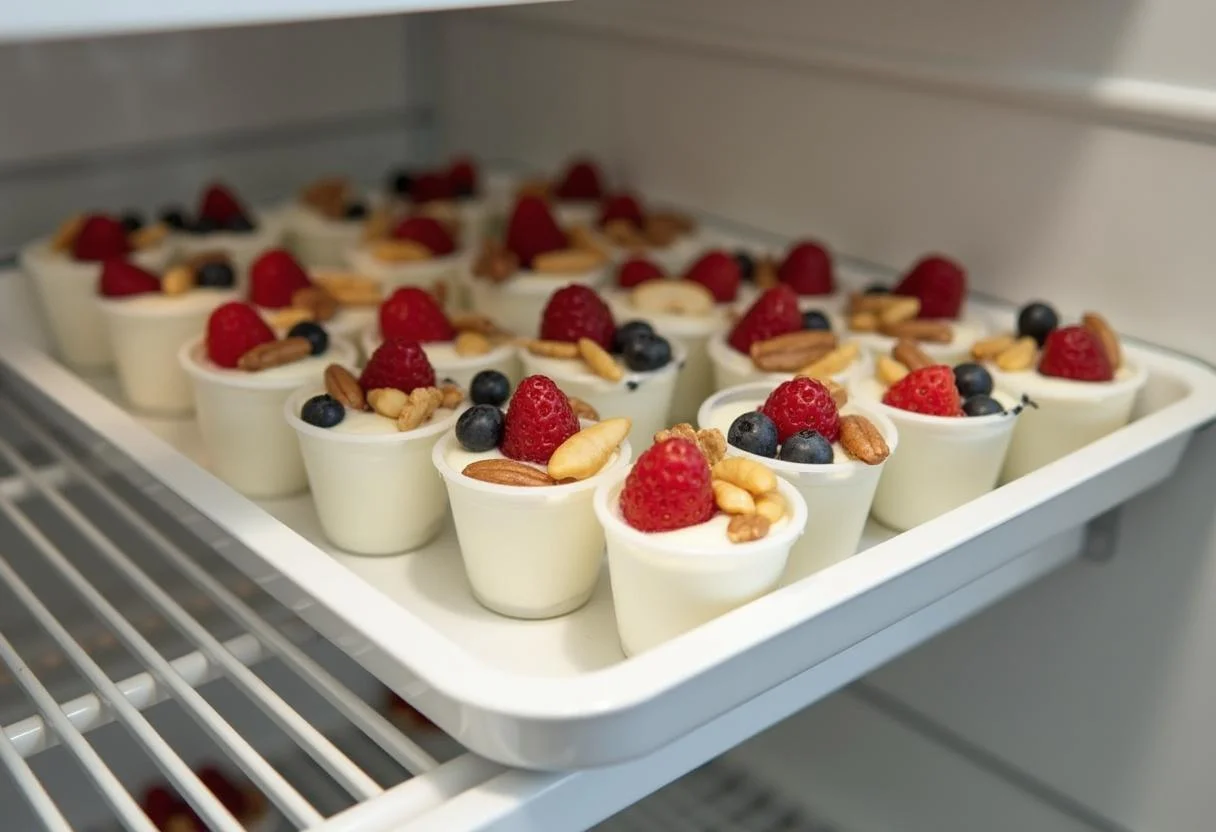 Tray with Molico iogurte cups topped with fruits and nuts, perfect for healthy snacks.