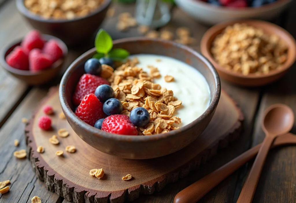 Delicious bowl of iogurte natural vigor with fruits and granola, ideal for breakfast.