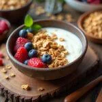 Delicious bowl of iogurte natural vigor with fruits and granola, ideal for breakfast.