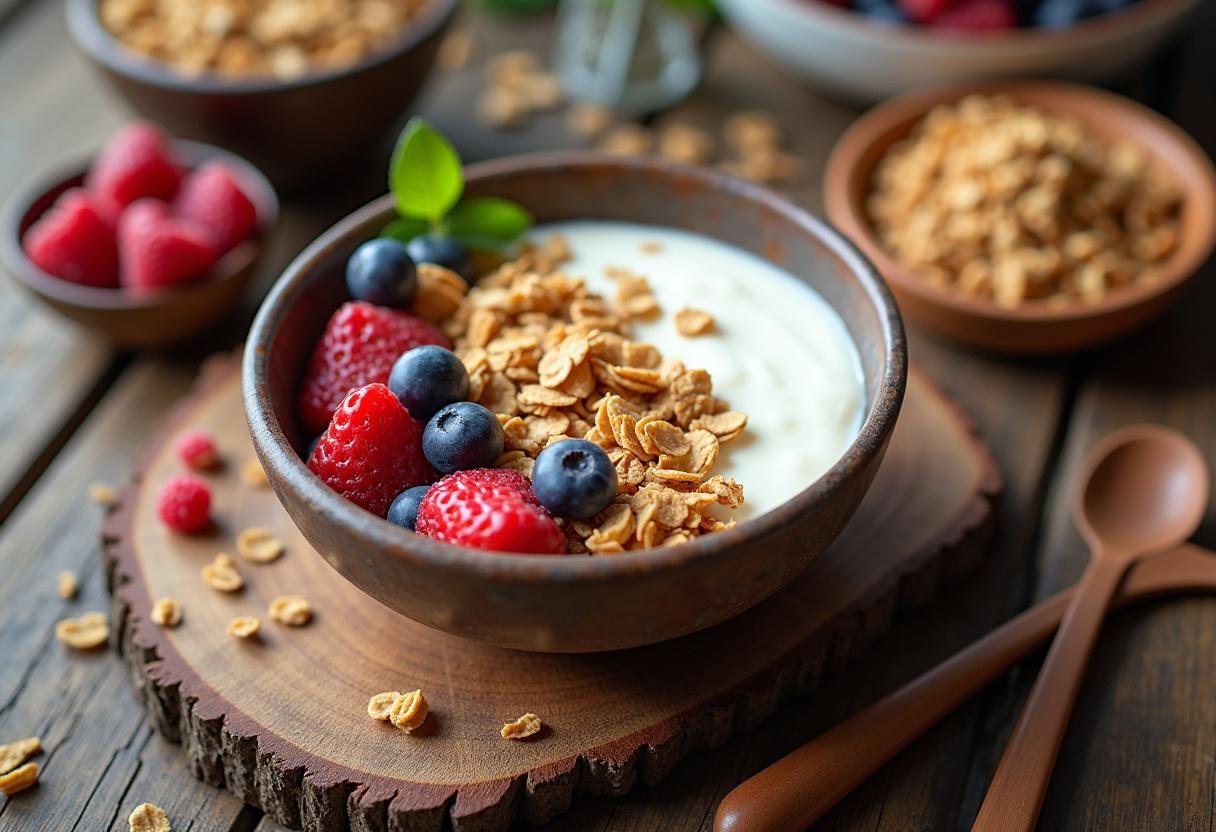 Delicious bowl of iogurte natural vigor with fruits and granola, ideal for breakfast.